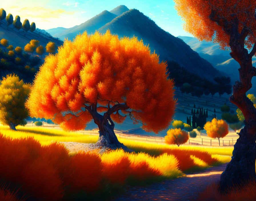 Colorful landscape painting with orange tree, golden fields, and mountain backdrop