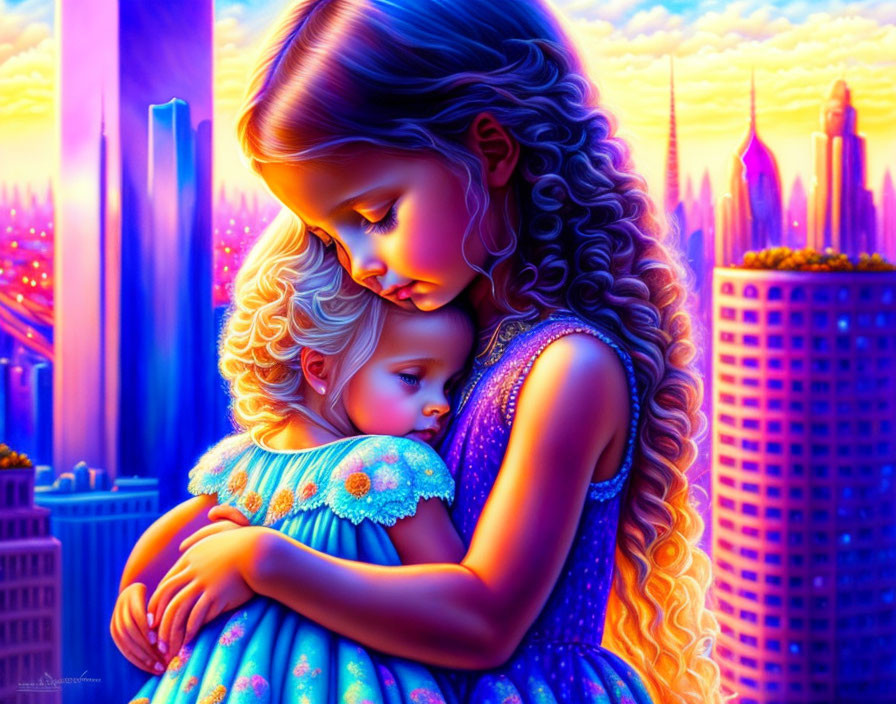 Colorful illustration: Girl embracing child in cityscape at twilight