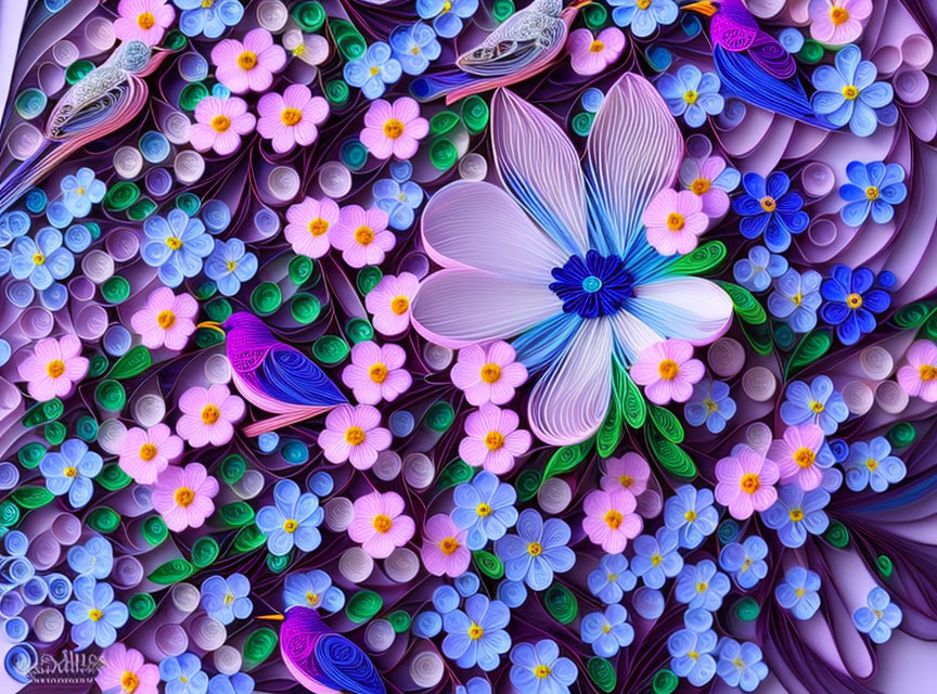 Colorful paper quilling art with central flower, blossoms, and birds in purple and blue.