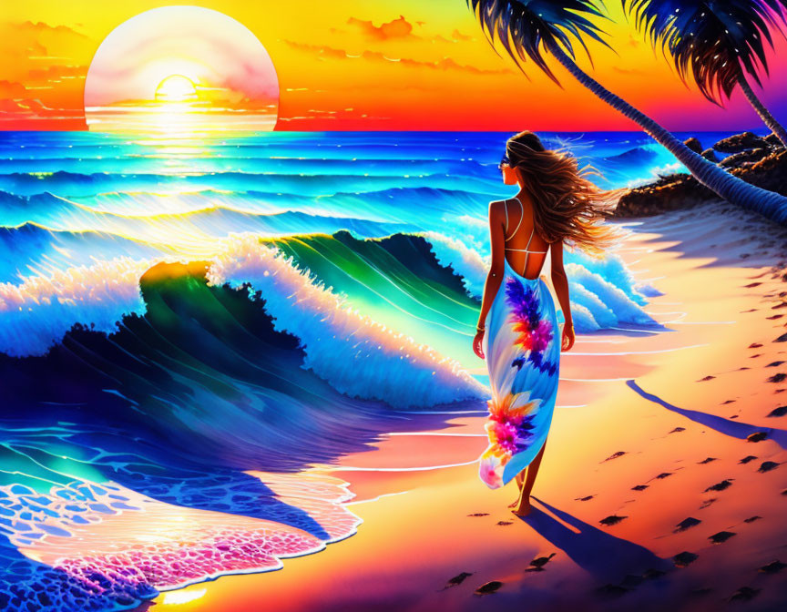 Woman in floral dress walking on beach at sunset with crashing waves and bending palm tree