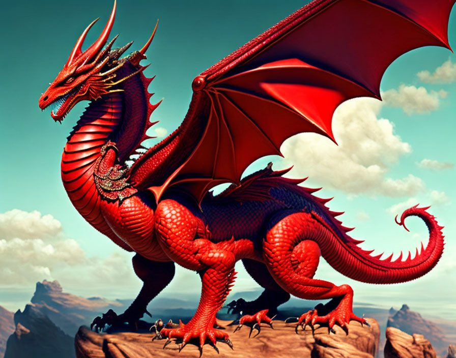 Red Dragon with Expansive Wings Perched on Rocky Cliff