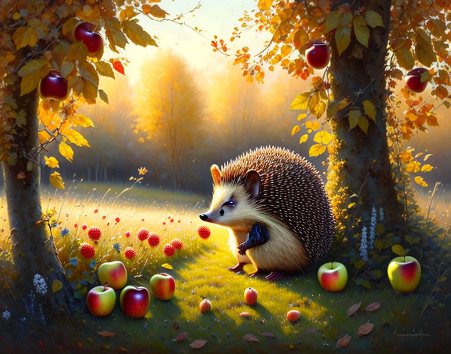 Illustration of large hedgehog in autumn forest with red apples.