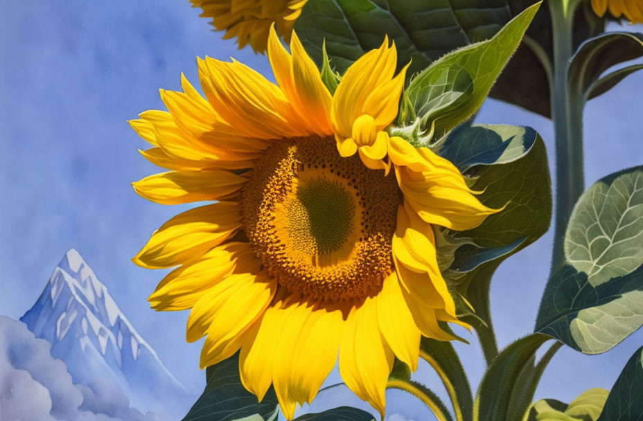 Sunflower in full bloom against blue sky with mountain peak.