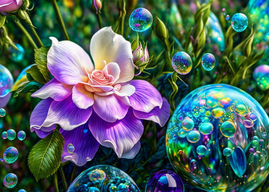 Large purple and white flower with rose-like center surrounded by multicolored bubbles and greenery