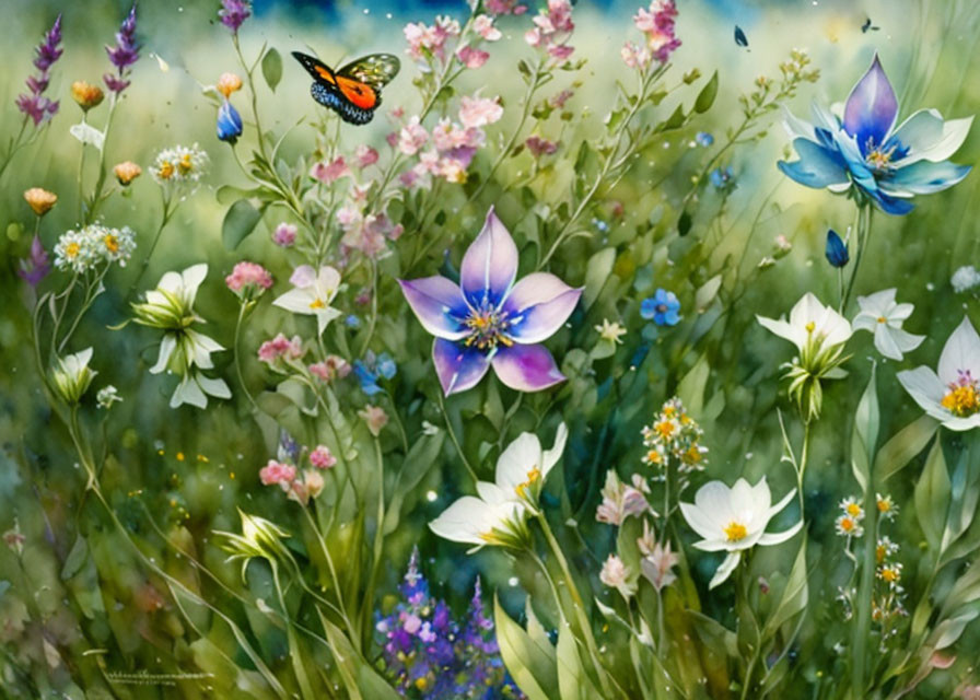 Colorful meadow painting with flowers and butterfly in dreamlike scene