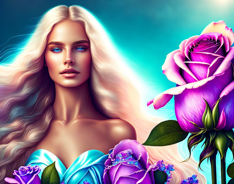 Woman with Blonde Hair and Blue Eyes Surrounded by Colorful Roses on Turquoise Background