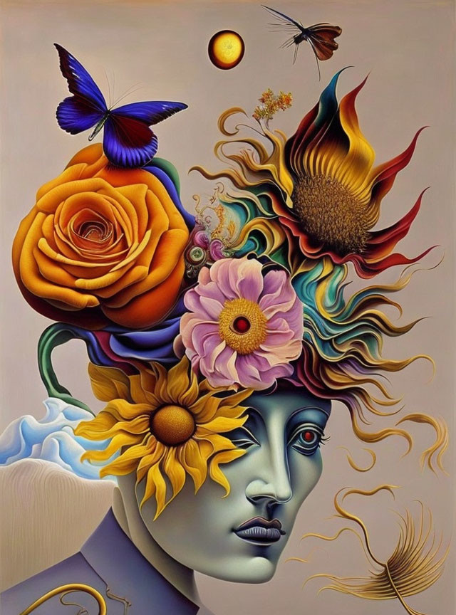 Surreal portrait featuring vibrant flowers and butterflies