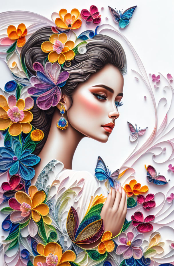 Colorful paper art flowers and butterflies adorn woman's hair in whimsical illustration