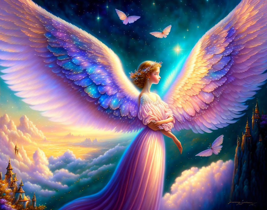 Majestic angel with wings in cloudy sky among butterflies and castle-like structures