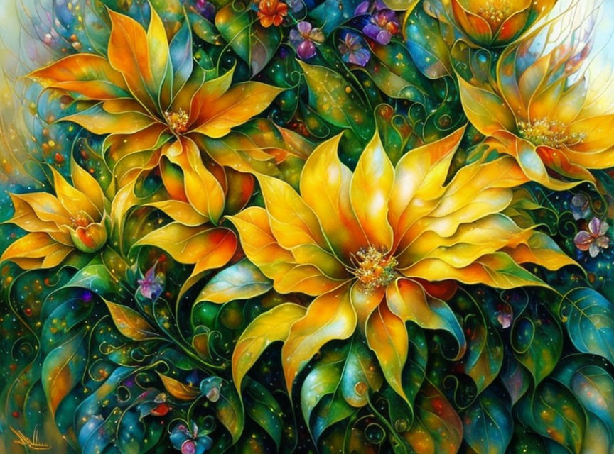 Colorful Painting of Oversized Yellow Flowers and Blue Butterflies