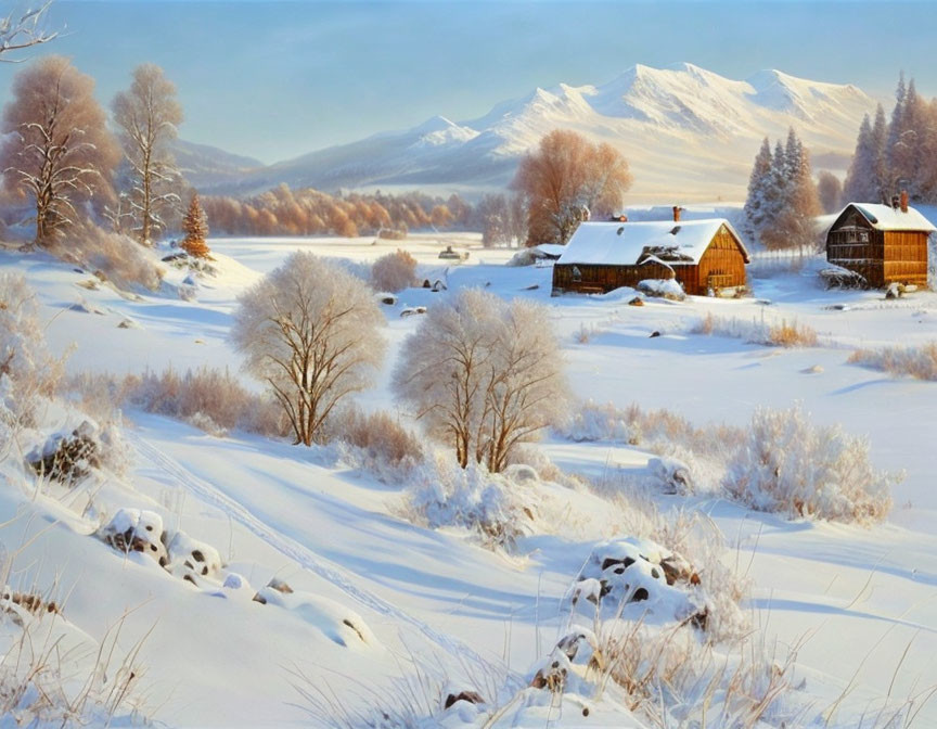 Snowy winter landscape with frozen river, bare trees, rustic houses, and distant mountains.