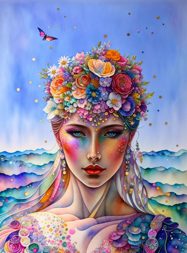 Colorful painting of woman with floral hair and butterfly on blue backdrop