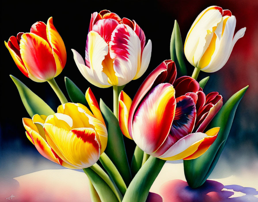 Vibrant tulips with red, yellow, and white petals on blurred backdrop