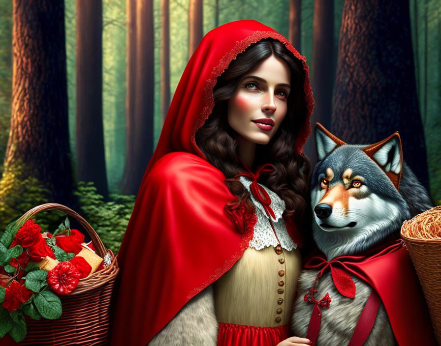 Woman in Red Hooded Cloak with Wolf in Forest Holding Roses