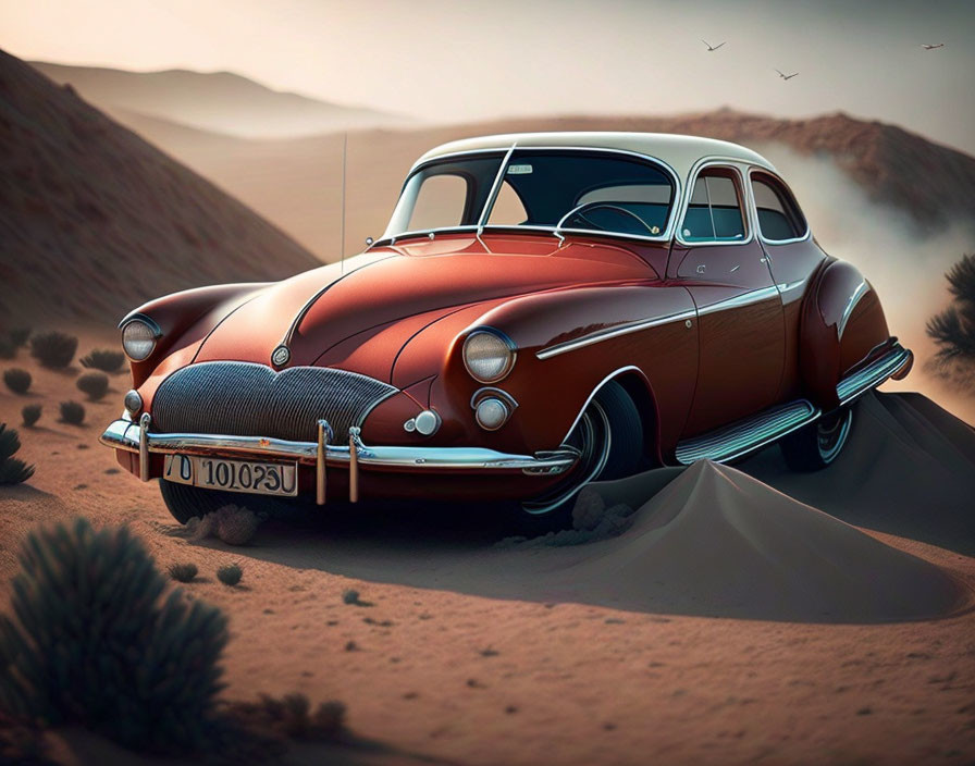 Vintage Red Car with White-Walled Tires in Desert Landscape