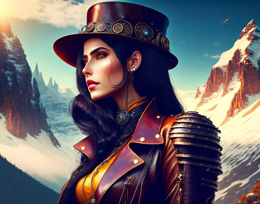 Steampunk woman in leather attire against mountains