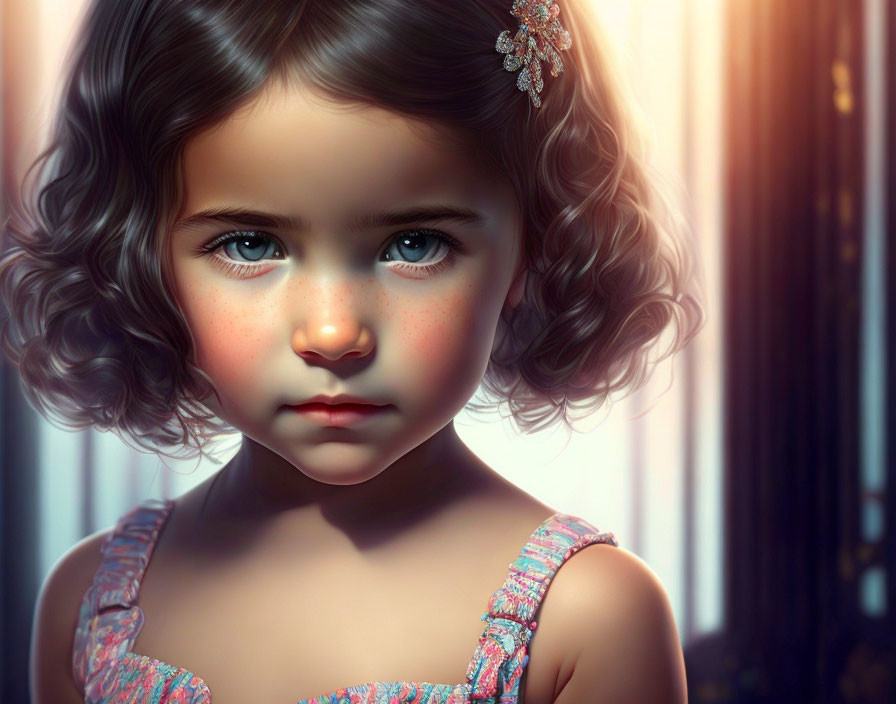 Young girl digital artwork: wavy hair, blue eyes, barrette, floral dress, soft light