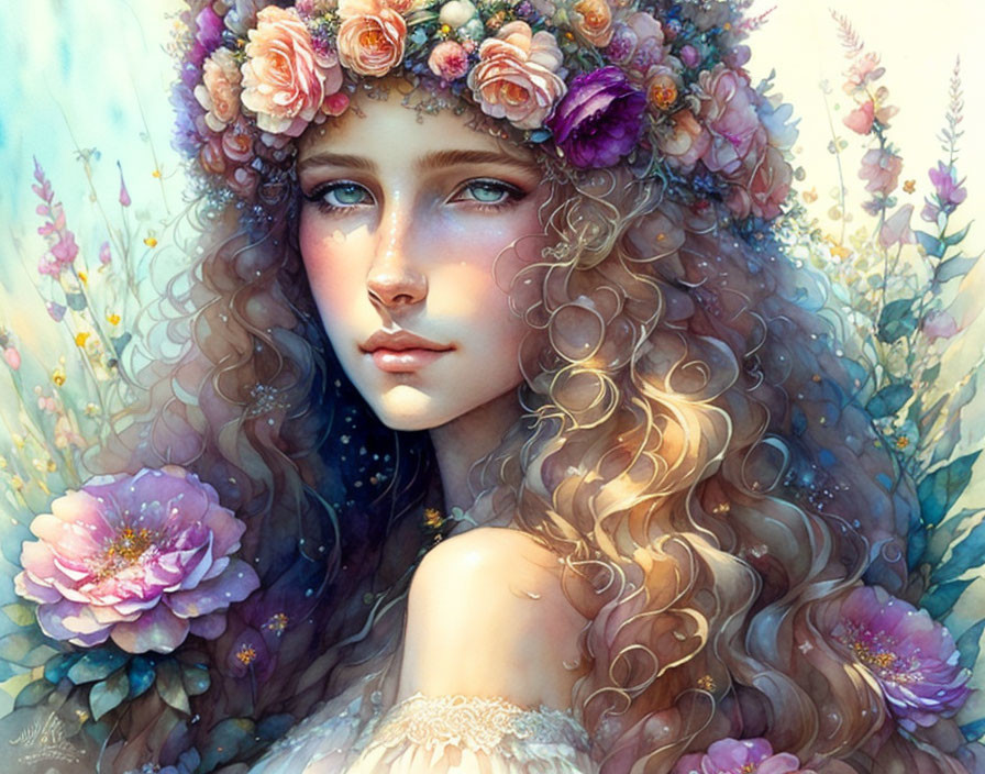 Illustration of woman with curly hair and floral wreath in soft pastel colors