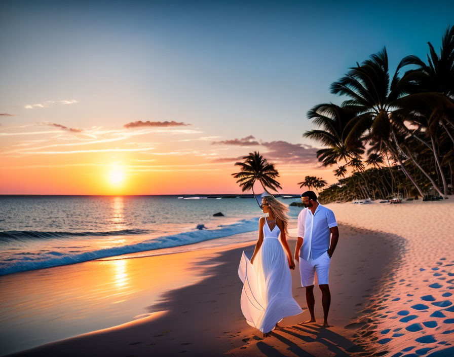 Couple walking on beach at sunset with flowing dress and palm trees