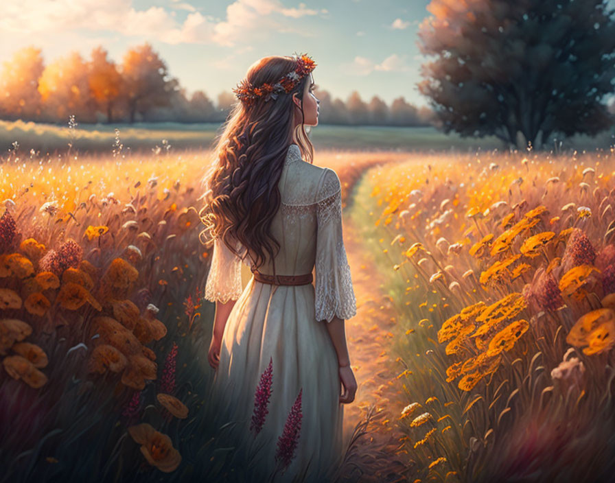 Woman in vintage dress standing in vibrant flower field at golden hour with floral crown