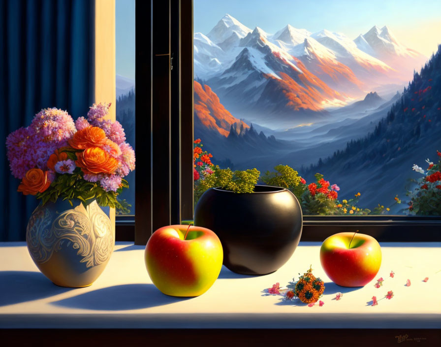 Colorful still life with flowers, apples, and scenic view through window