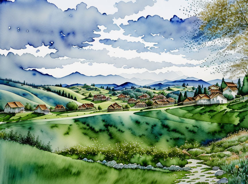 Scenic watercolor painting of village, green hills, mountains, and serene sky