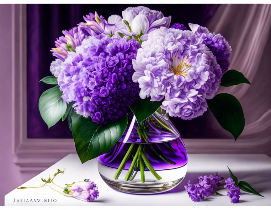 Purple and White Flower Bouquet in Glass Vase on Moody Background