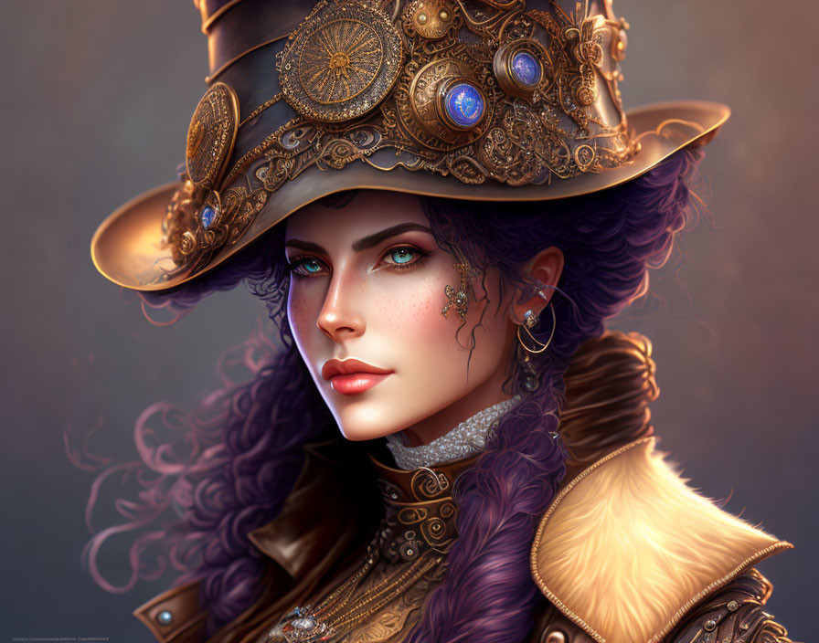 Woman with Vibrant Blue Eyes in Steampunk Hat and Ornate Clothing