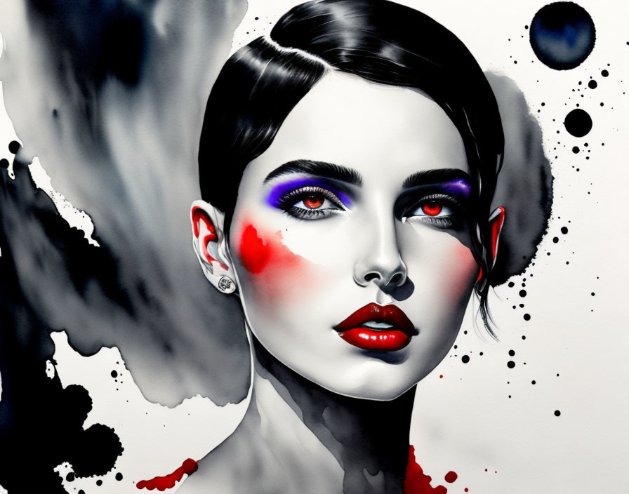 Vibrant woman's portrait with bold red and purple makeup on splattered background