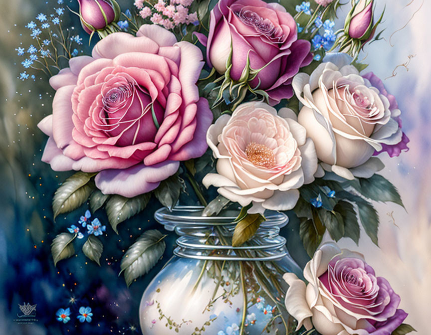 Colorful Floral Painting with Roses, Blue Flowers, and Snowflakes