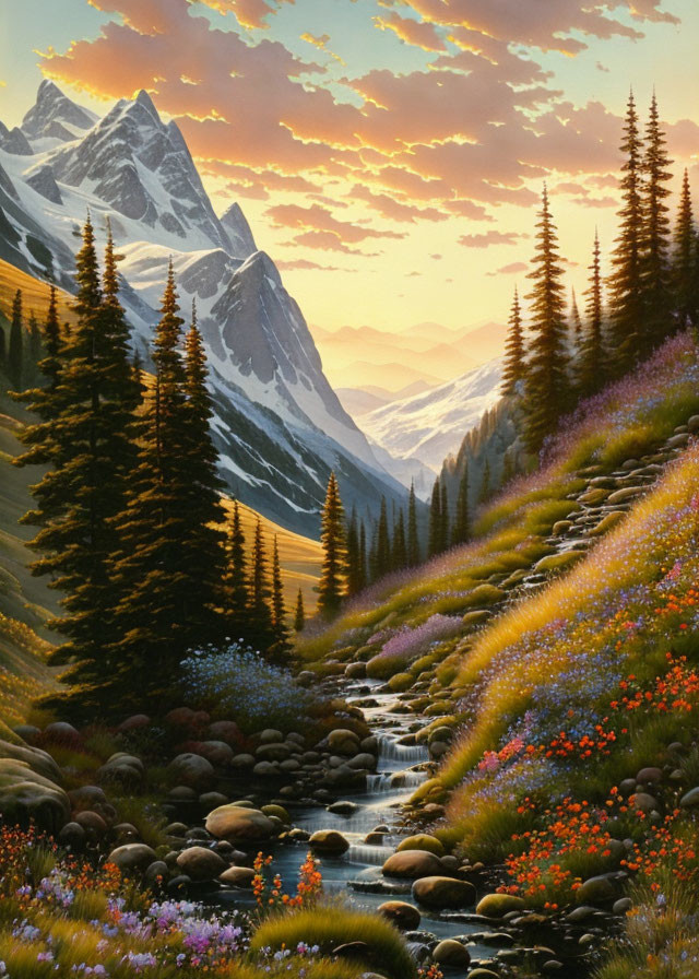 Mountain backdrop, stream, flower valley, evergreen trees, golden sunset sky