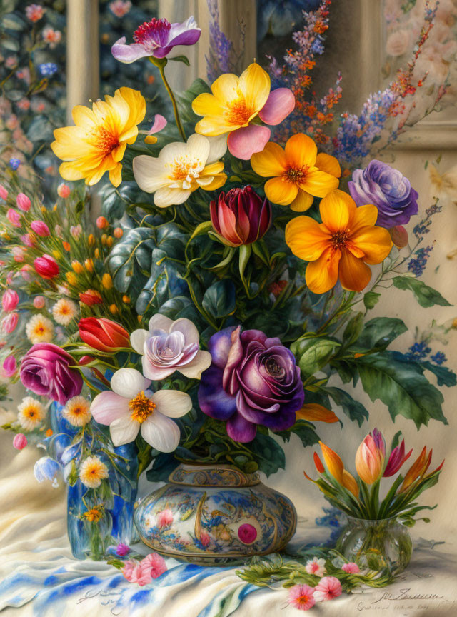 Colorful Flower Still-Life Painting with Decorated Vase and Floral Background