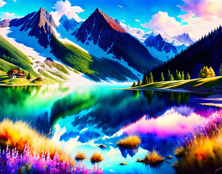 Colorful Landscape with Reflective Lake and Wildflowers