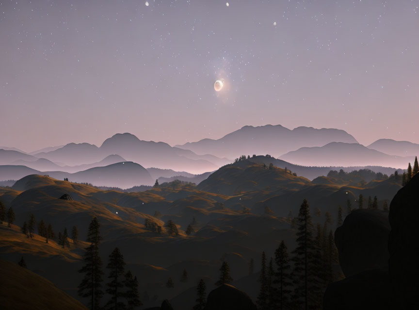 Nighttime Mountain Landscape with Starry Sky and Crescent Moon