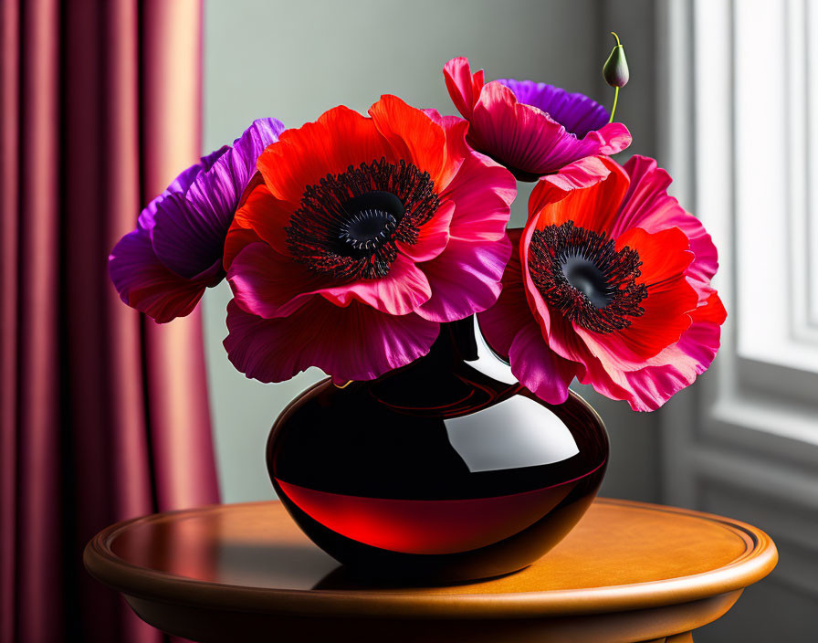 Red and Purple Poppies in Black Vase on Wooden Table with Red Curtains