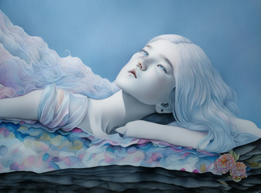 Surreal painting featuring girl with pale skin and white hair resting on arm