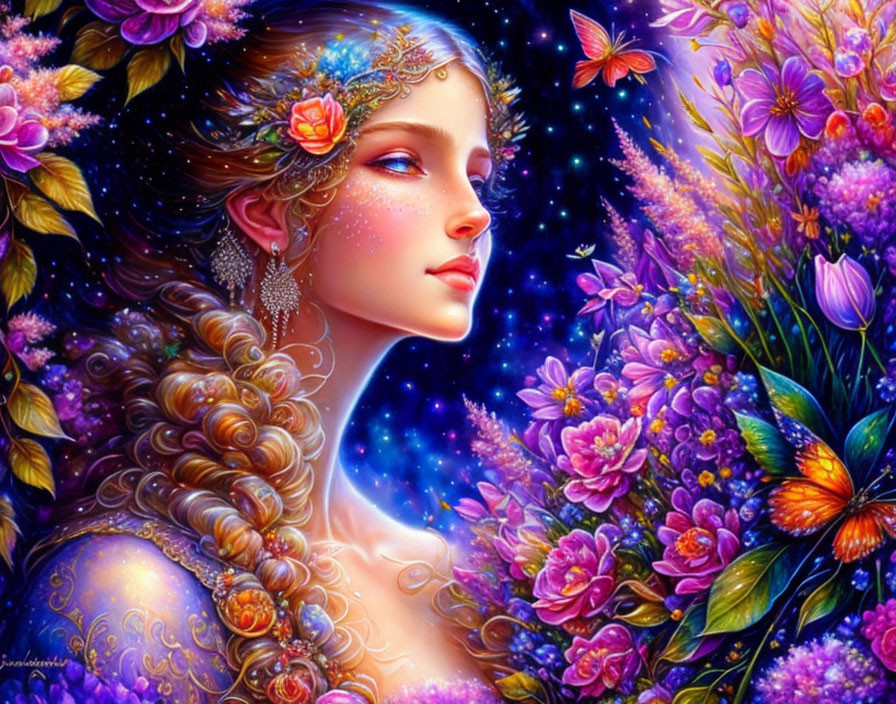 Fantasy illustration of woman with floral hair adornments in vibrant floral setting