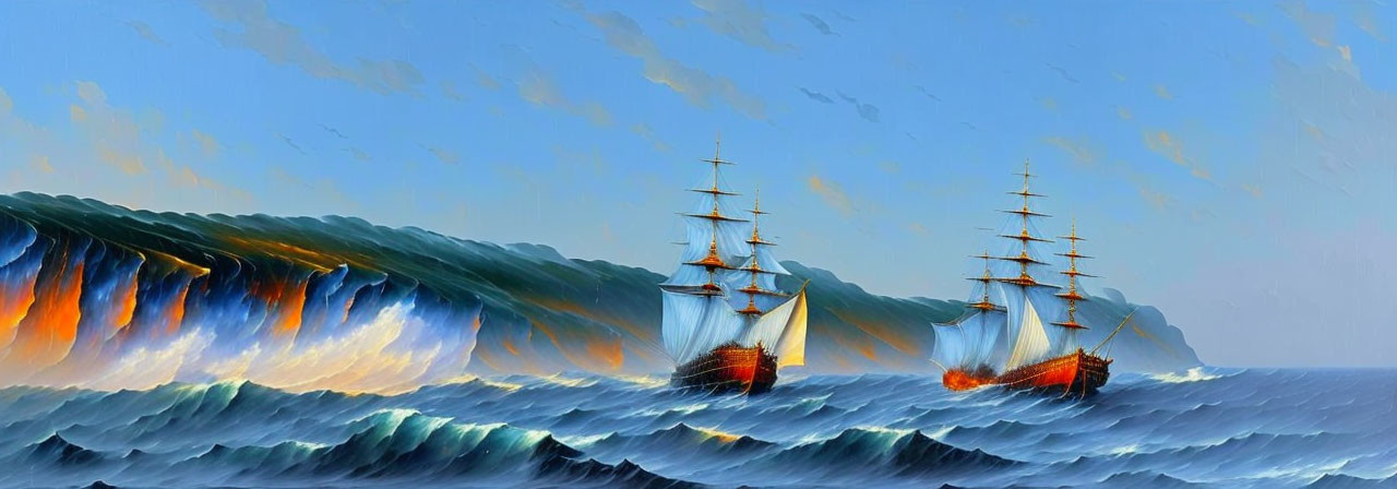 Tall-masted sailing ships in stormy sea near cliff