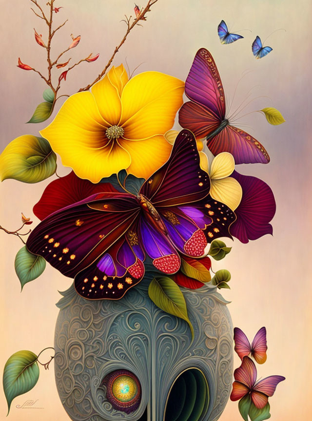 Colorful butterflies and flowers on patterned vase with intricate design.