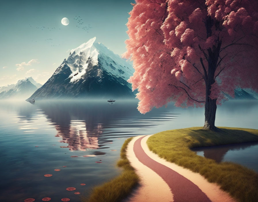 Tranquil landscape with cherry blossom tree, lake, and snow-capped mountain