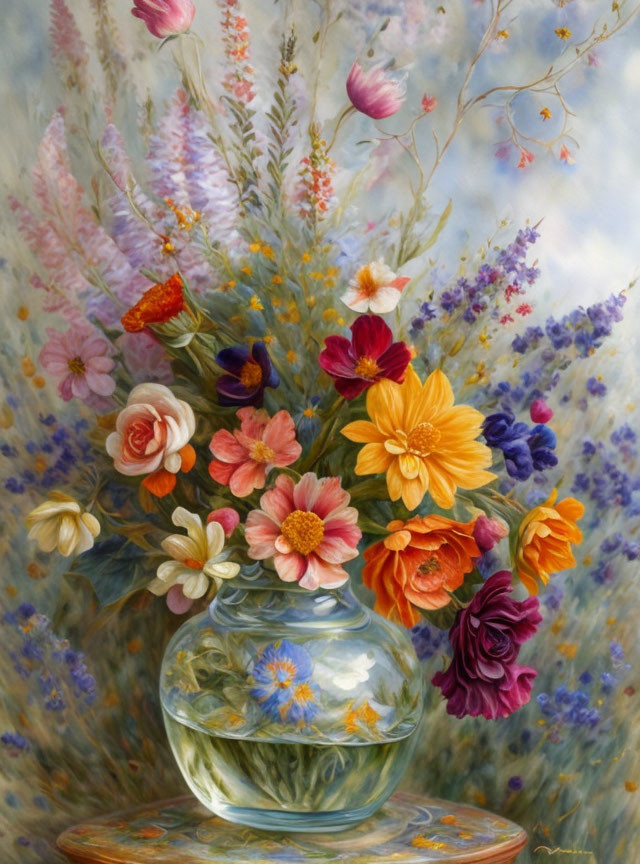 Colorful bouquet of flowers in glass vase on pedestal with soft-focus floral background