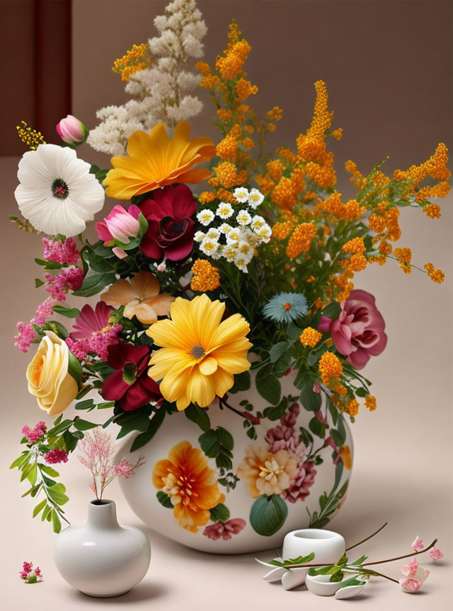 Colorful flower bouquet in floral vase with white vase and scattered petals on table