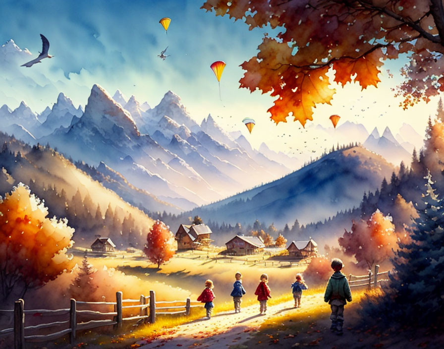 Children walking on autumn path with hot air balloons, mountains, trees, and houses at sunset