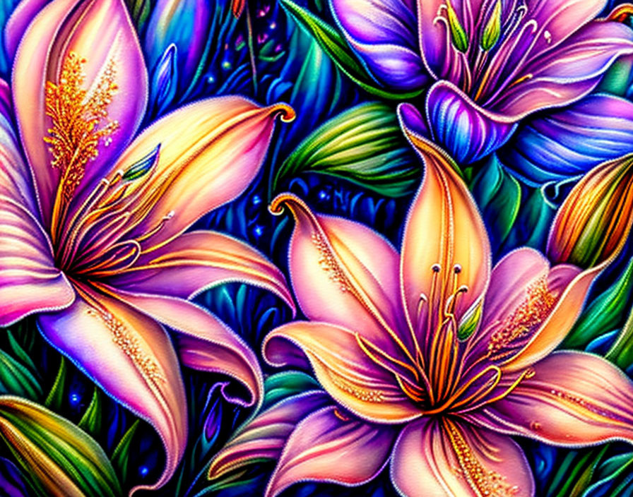 Colorful digital artwork featuring stylized lilies in pink and orange hues on a blue and green foliage