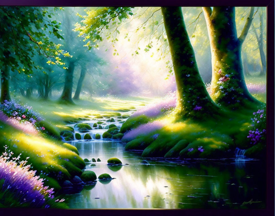 Tranquil forest scene with stream, sunbeams, green trees, and purple flowers