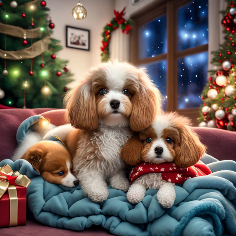 Three puppies on a festive couch with Christmas tree and decorations.