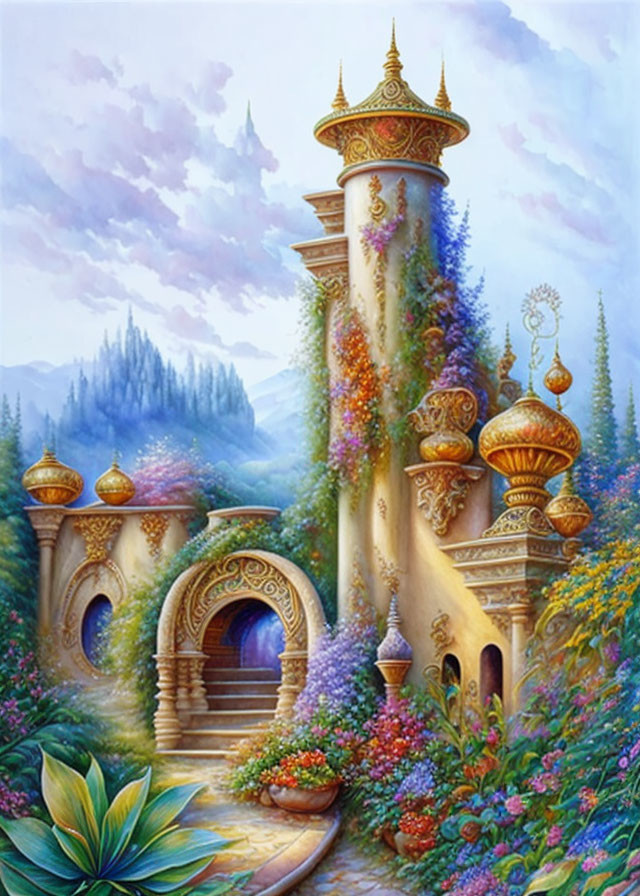 Fantasy castle illustration with lush garden and golden spires