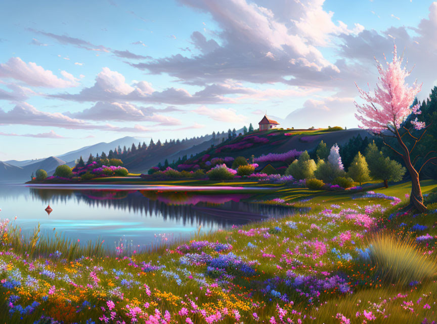 Tranquil landscape with colorful meadow, calm lake, blossoming trees, and small hilltop