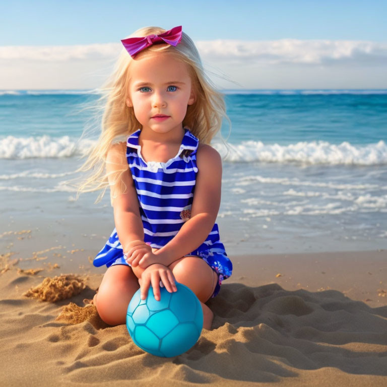 Young girl with bow holding blue ball on sandy beach by ocean