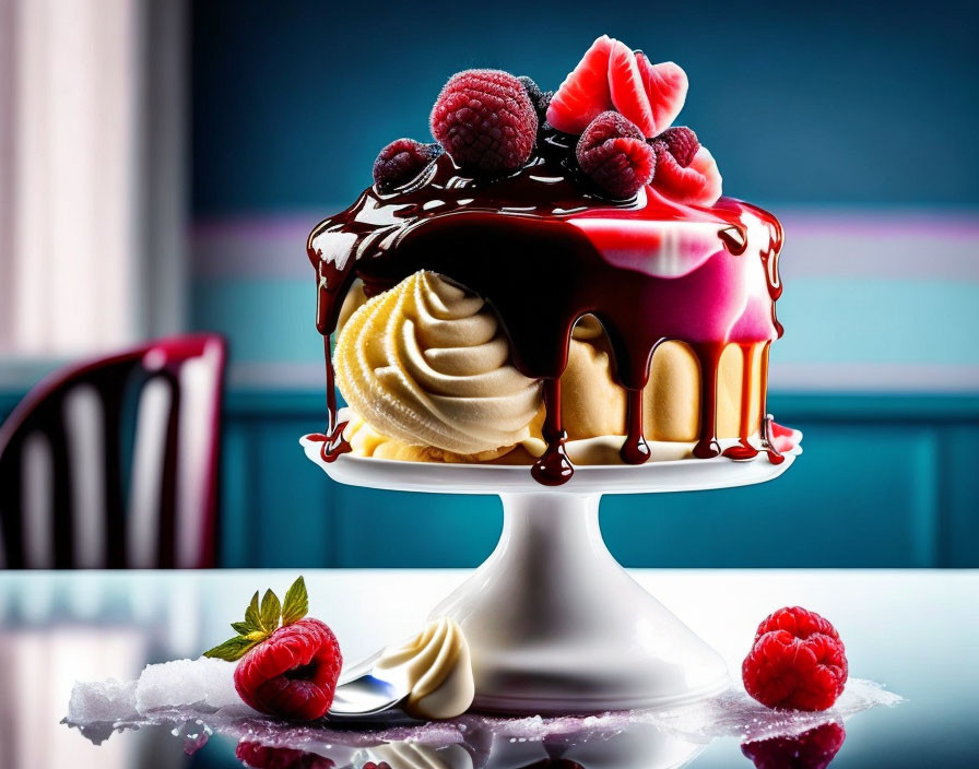 Decadent dessert with raspberry toppings and chocolate glaze on white stand against blue background